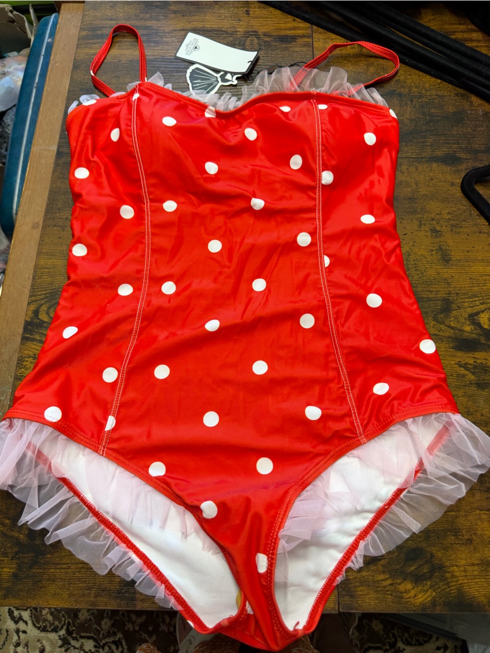 Women’s Red Polka Dot One piece Swimsuit with Tulle Trim